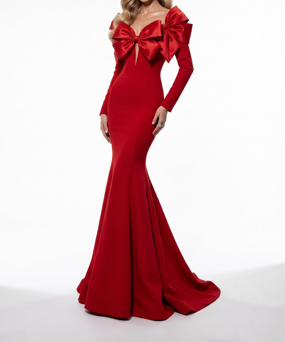 Red Long Sleeve Mermaid Gown With Large Satin Bows