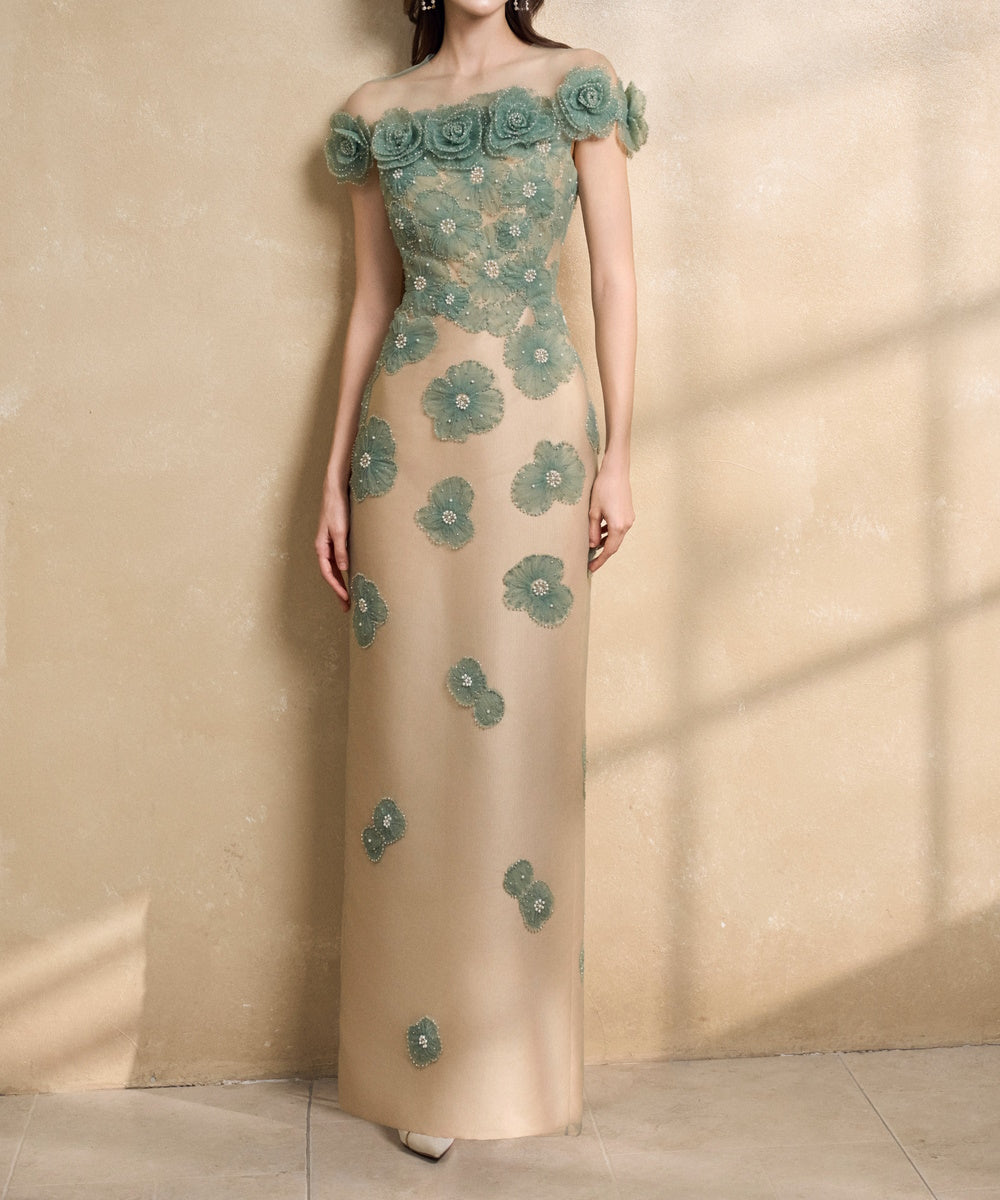 Off-the-Shoulder 3D Floral Beaded Sheath Evening Gown