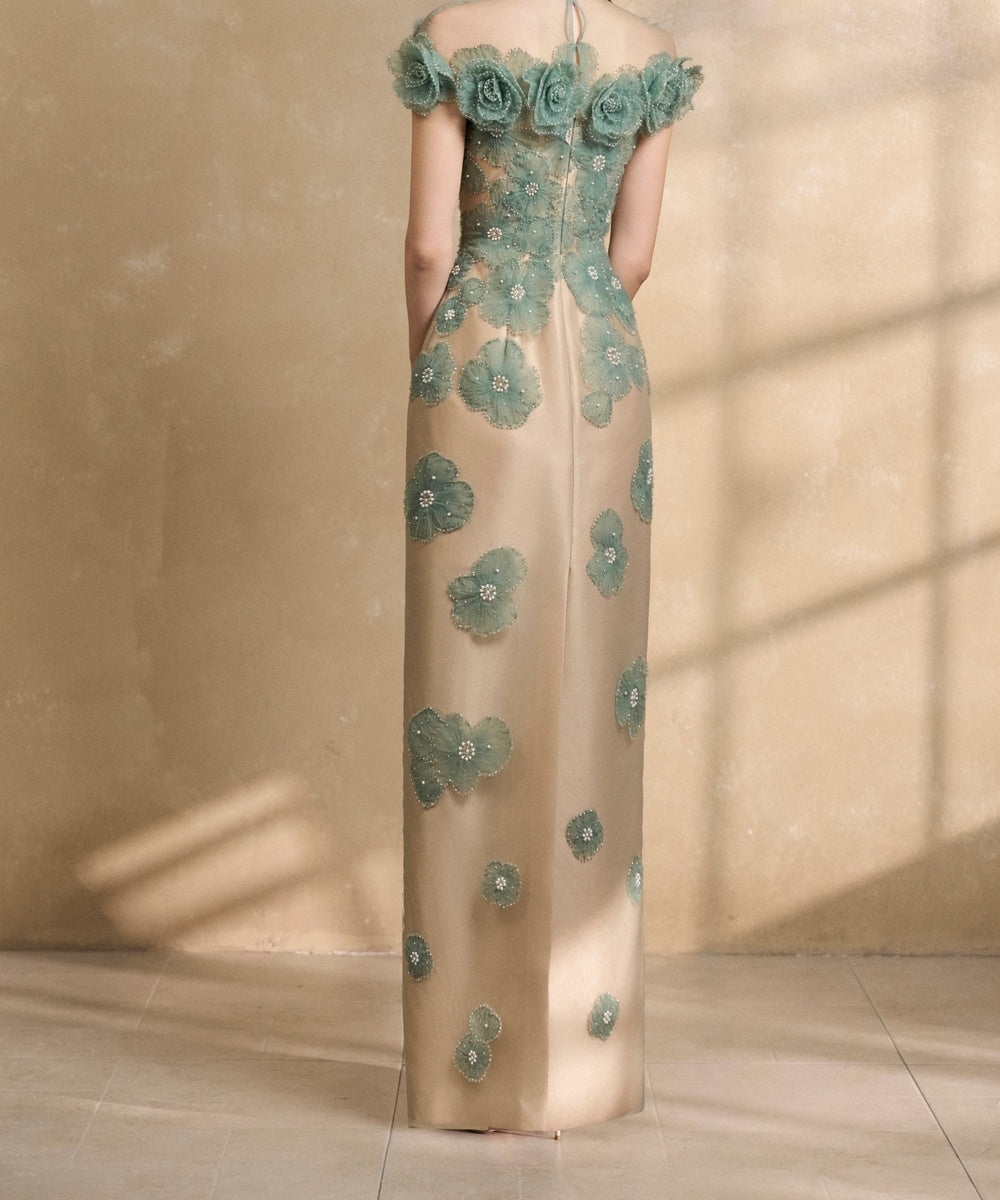 Off-the-Shoulder 3D Floral Beaded Sheath Evening Gown