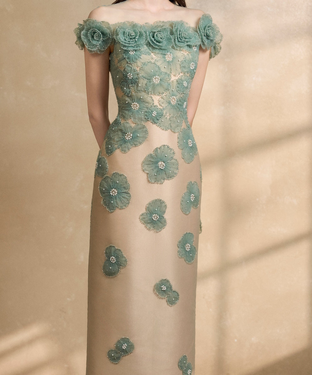 Off-the-Shoulder 3D Floral Beaded Sheath Evening Gown