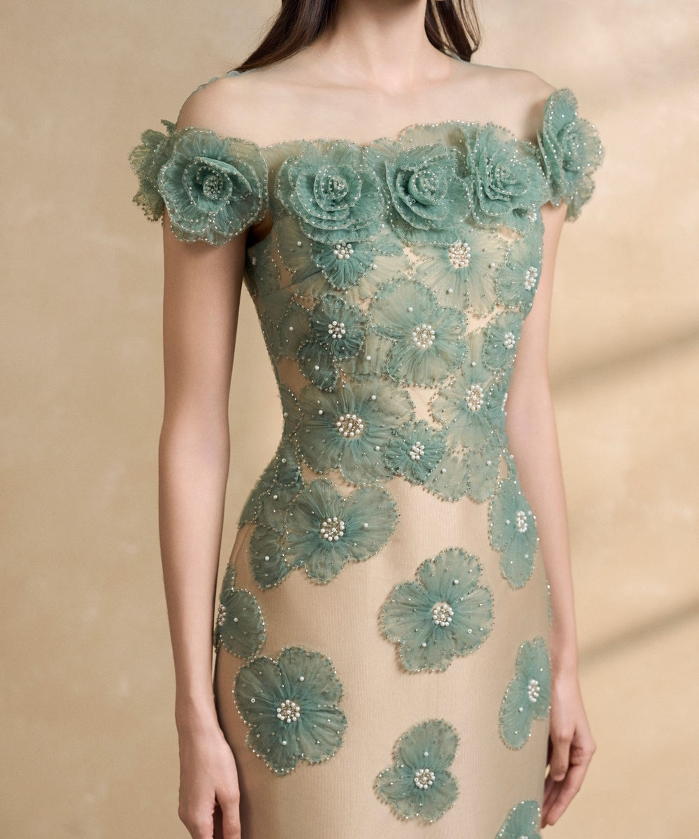 Off-the-Shoulder 3D Floral Beaded Sheath Evening Gown