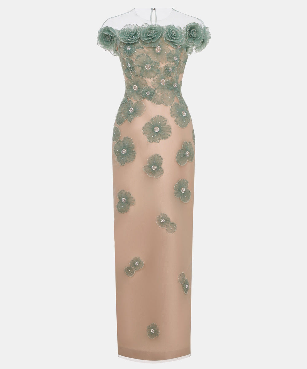 Off-the-Shoulder 3D Floral Beaded Sheath Evening Gown
