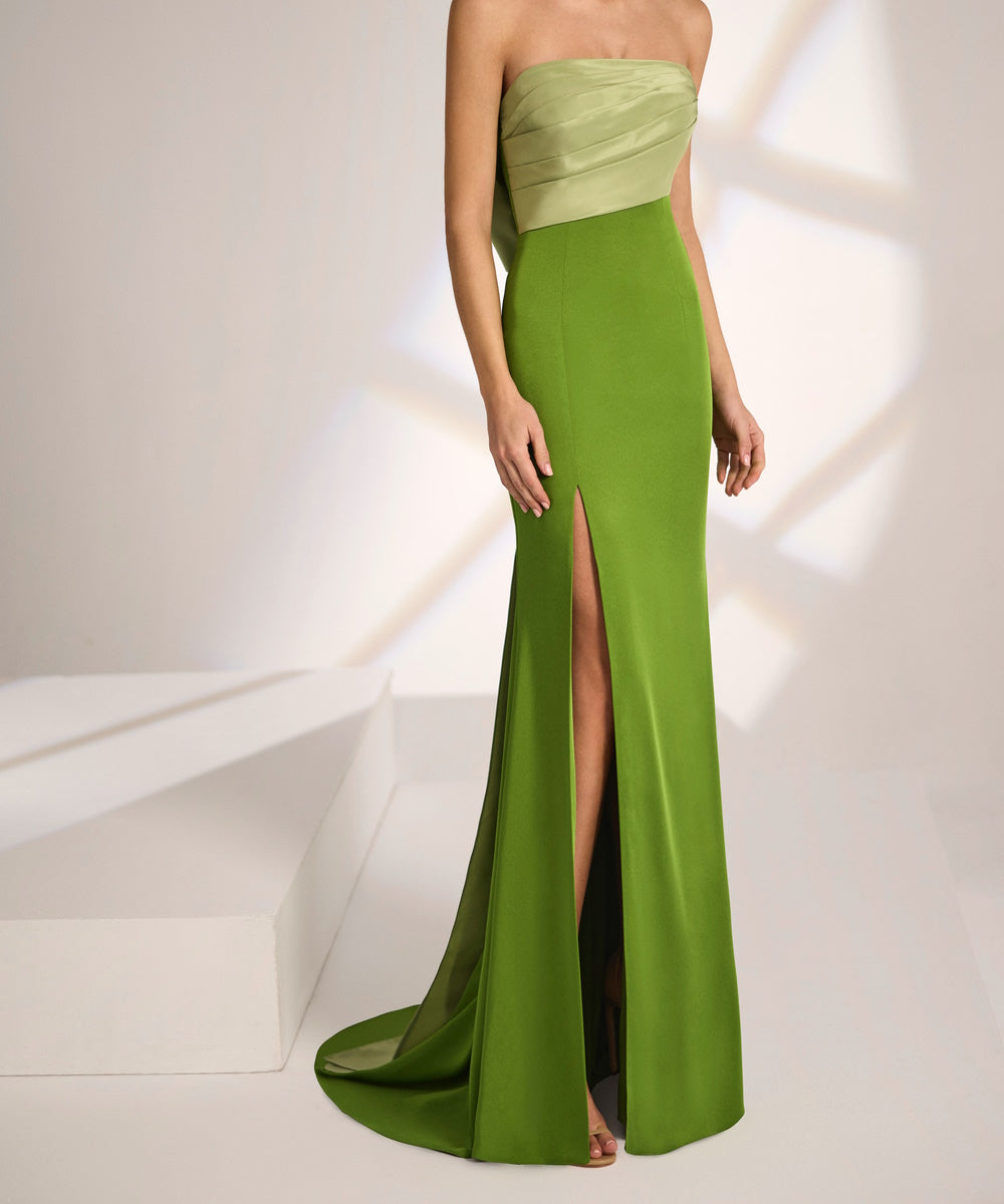 Two-Tone Strapless Mermaid Evening Gown With Large Back Bow