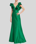Emerald Green Ruffled V Neck Satin Mermaid Evening Gown