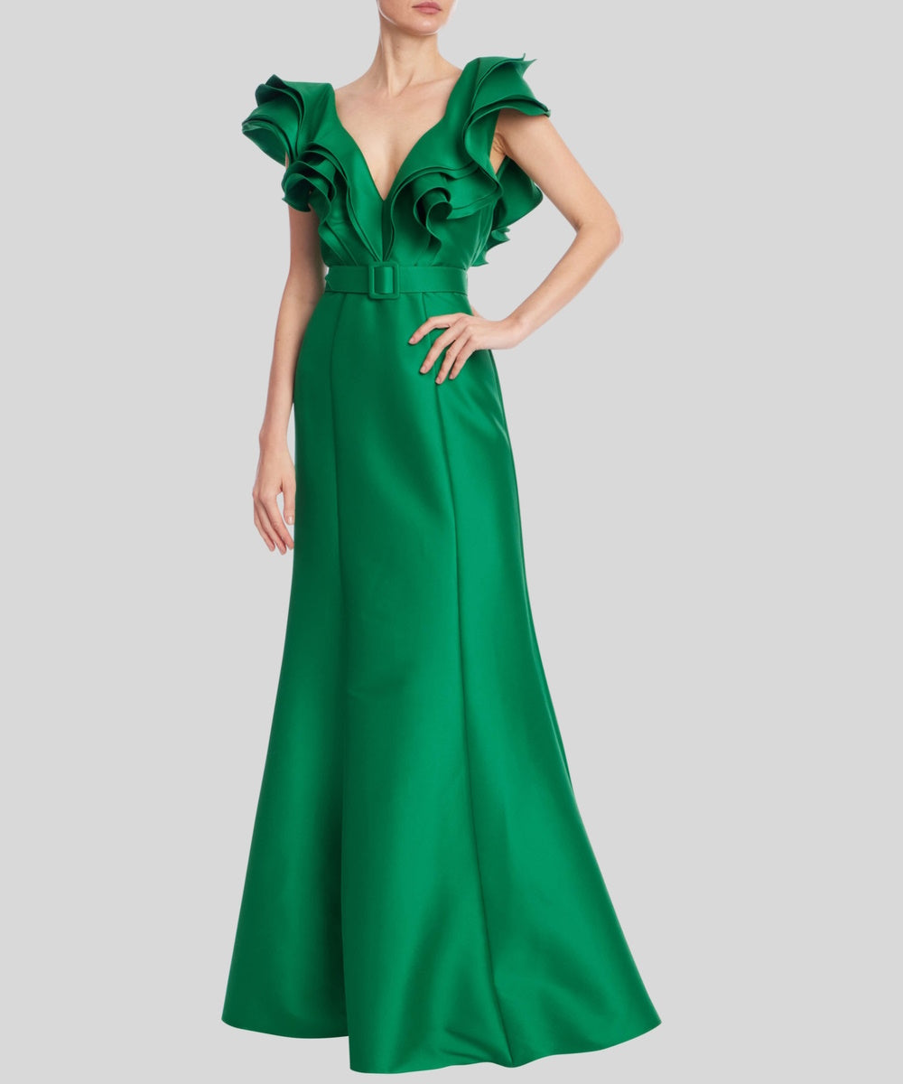 Emerald Green Ruffled V Neck Satin Mermaid Evening Gown
