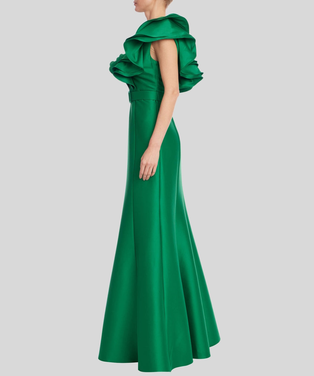 Emerald Green Ruffled V Neck Satin Mermaid Evening Gown