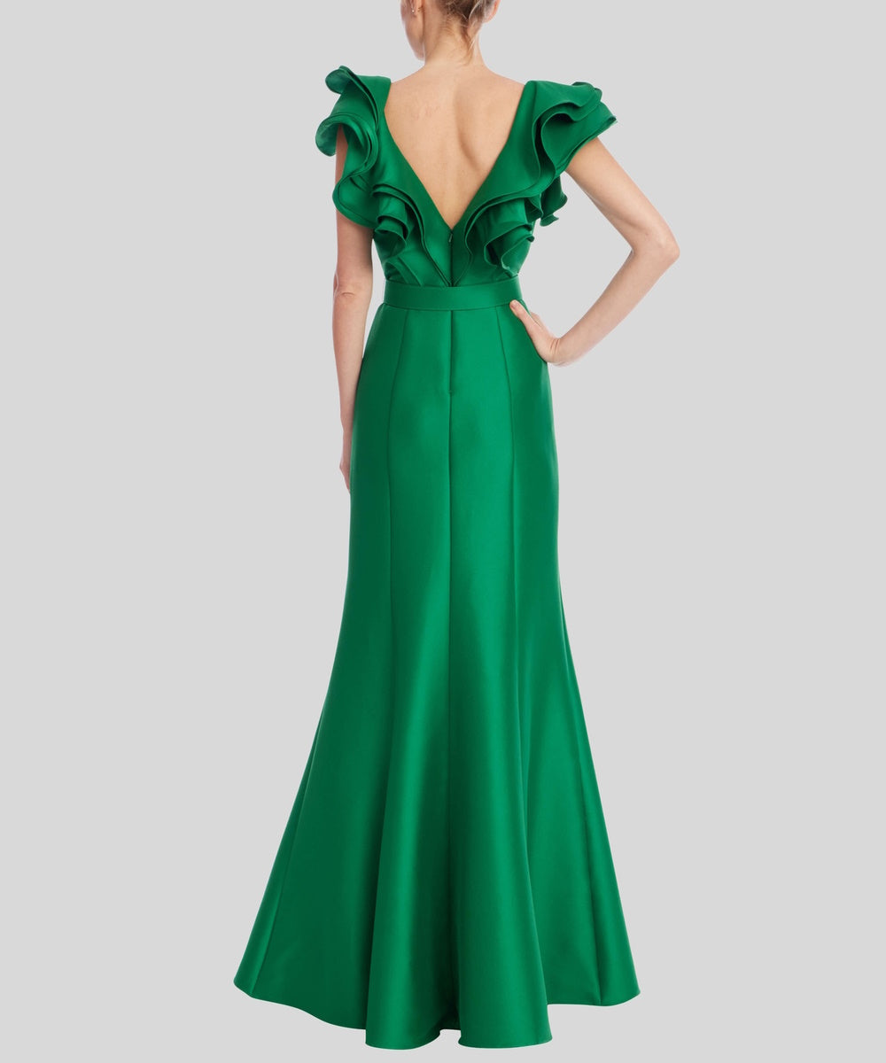 Emerald Green Ruffled V Neck Satin Mermaid Evening Gown