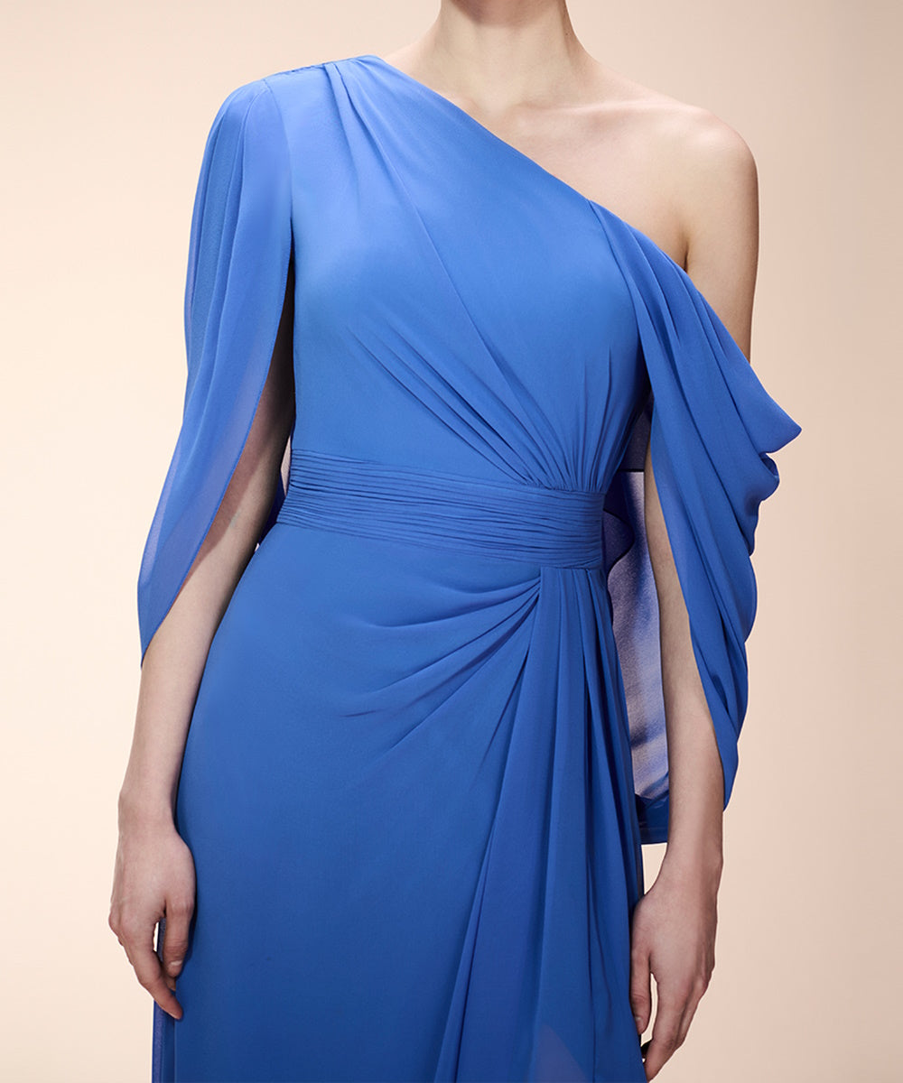 One Shoulder Cape Sleeve Chiffon Formal Maxi Dress With High Slit