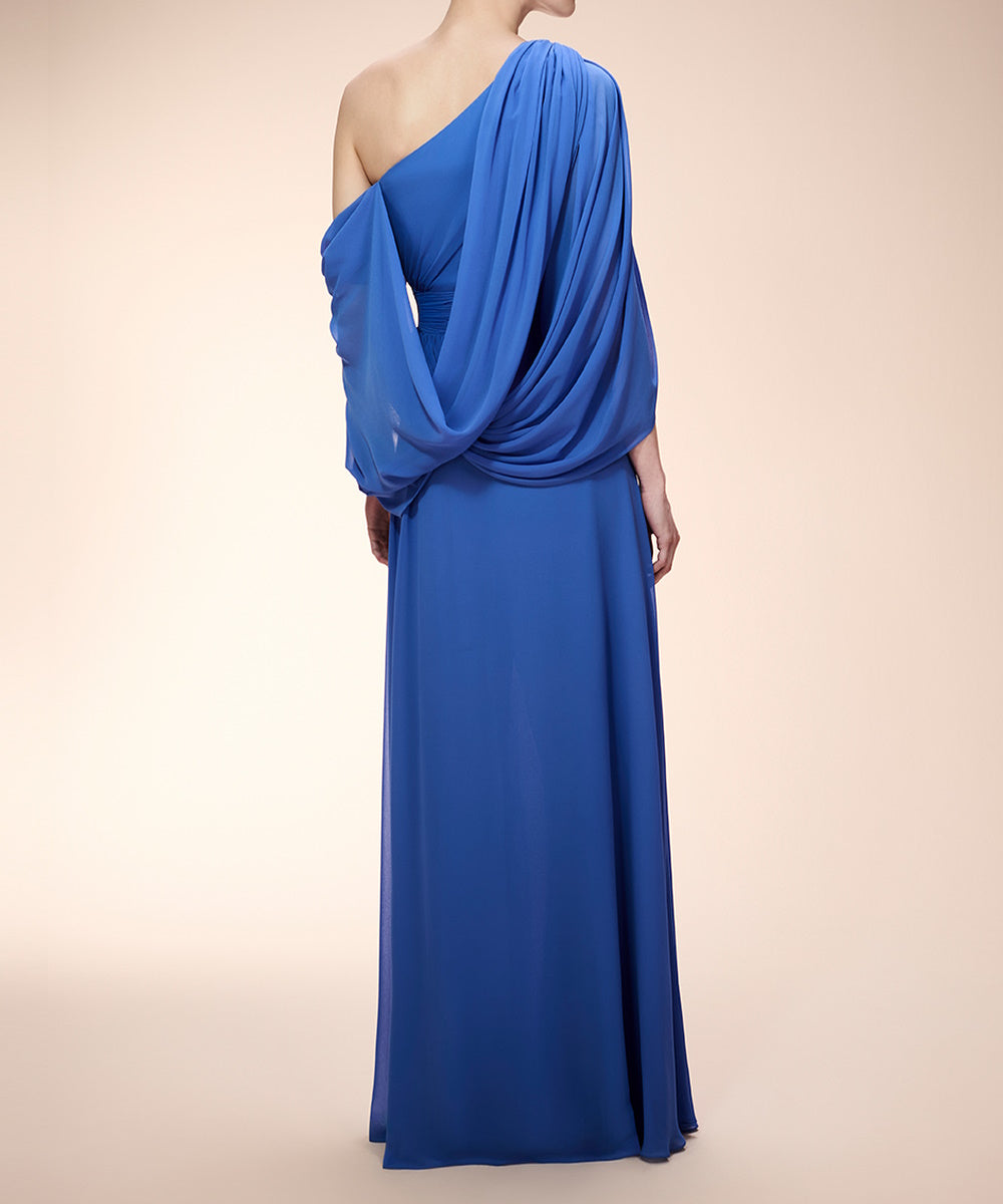 One Shoulder Cape Sleeve Chiffon Formal Maxi Dress With High Slit