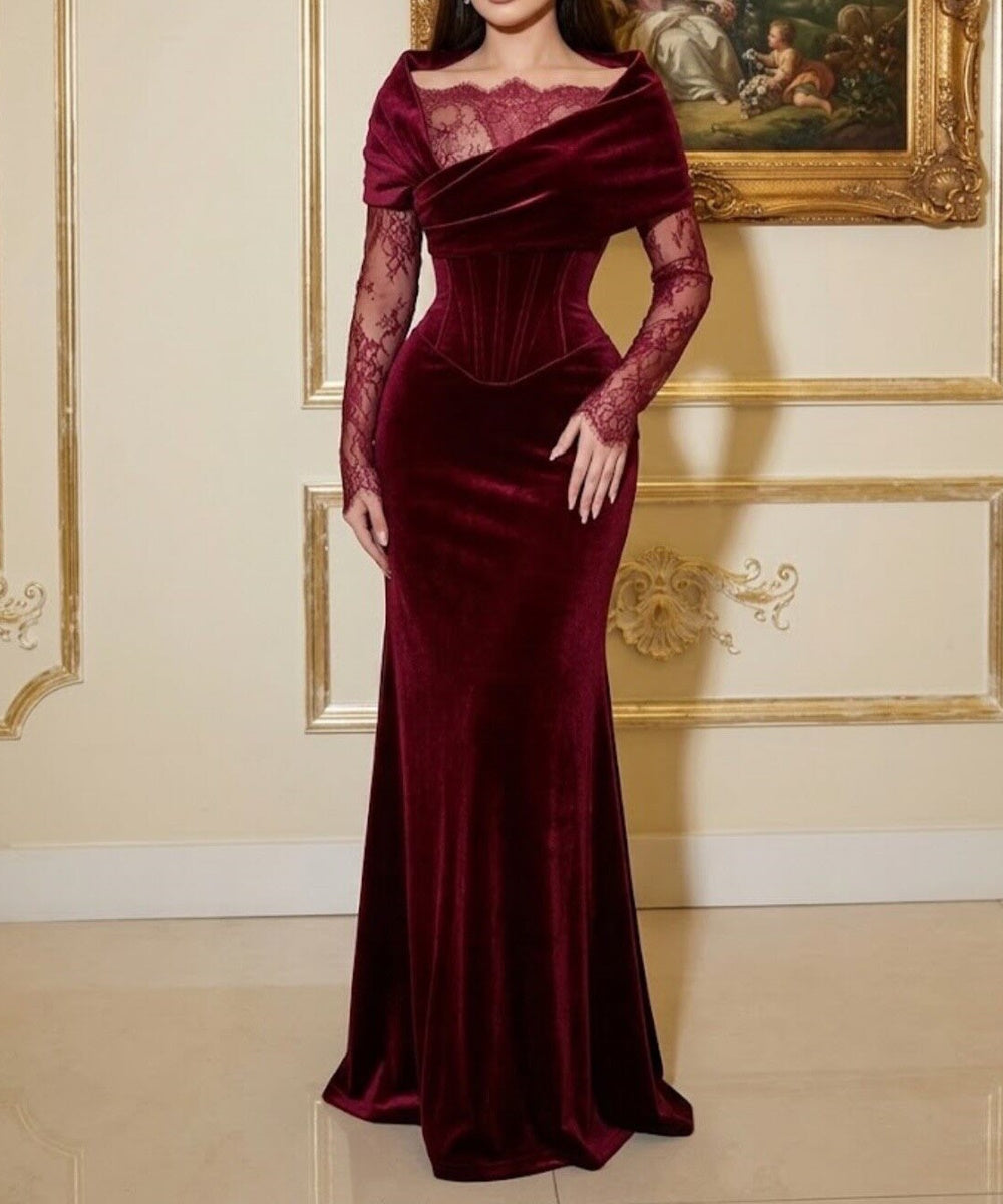 Draped Velvet Corset Mermaid Gown With Lace Long Sleeves