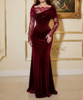 Draped Velvet Corset Mermaid Gown With Lace Long Sleeves
