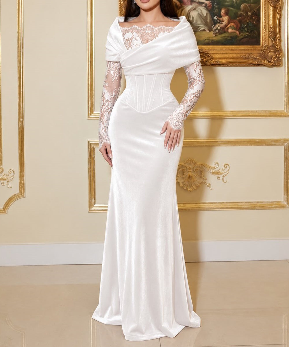 Draped Velvet Corset Mermaid Gown With Lace Long Sleeves