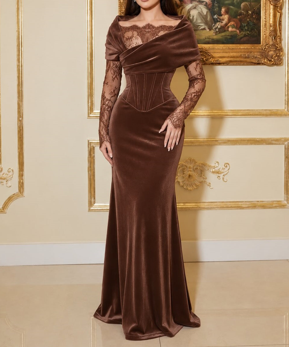 Draped Velvet Corset Mermaid Gown With Lace Long Sleeves