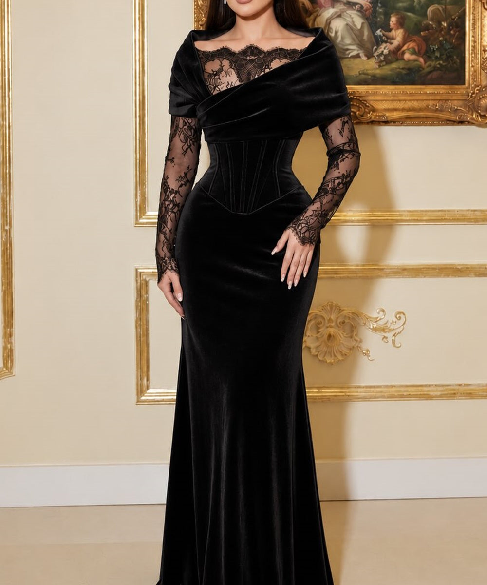 Draped Velvet Corset Mermaid Gown With Lace Long Sleeves