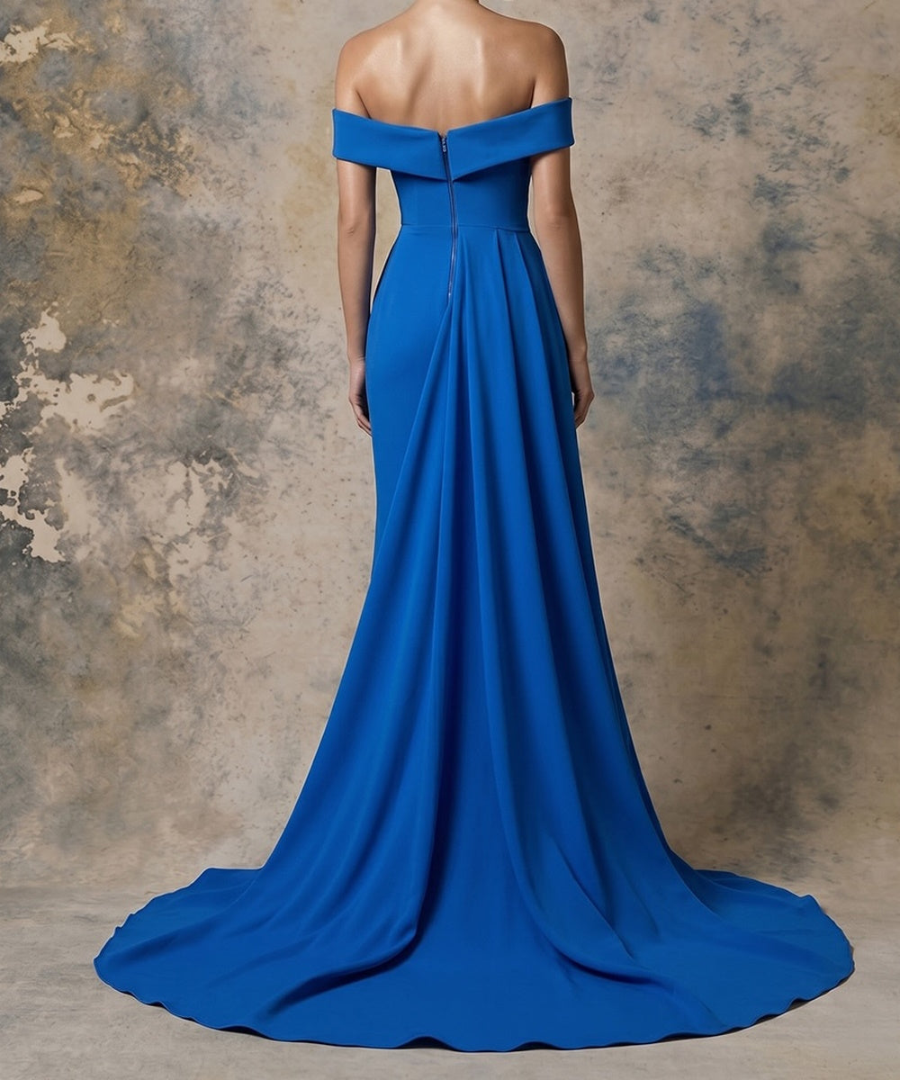 Off Shoulder Royal Blue Draped Formal Gown With Slit and Train