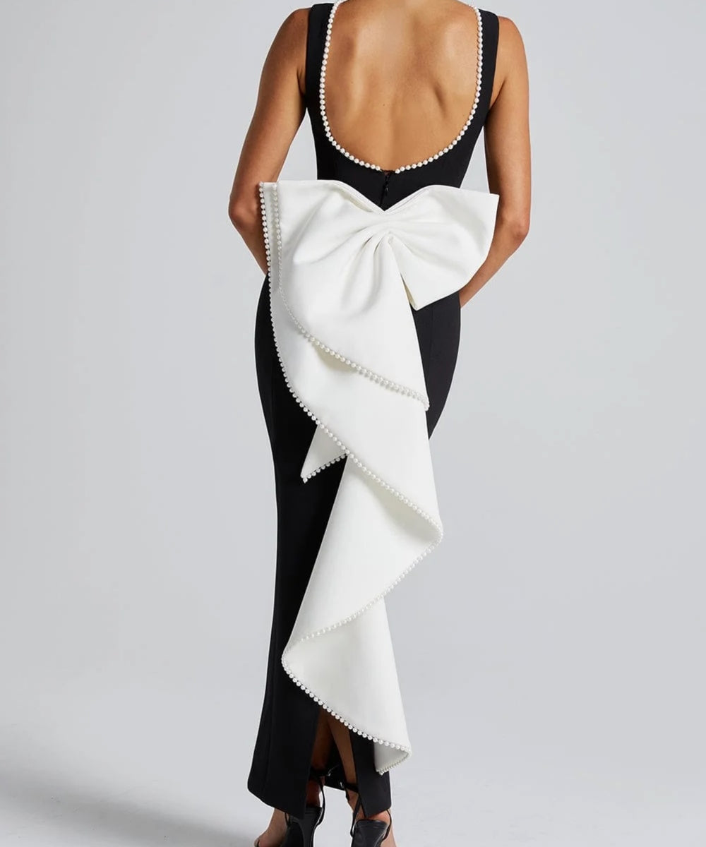 Black Sleeveless Backless Midi Evening Gown With Large White Pearl Trim Bow
