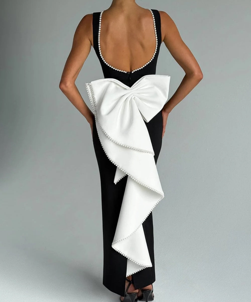 Black Sleeveless Backless Midi Evening Gown With Large White Pearl Trim Bow