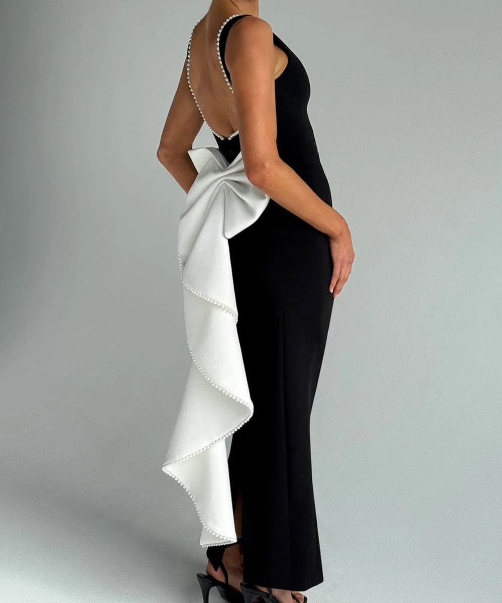 Black Sleeveless Backless Midi Evening Gown With Large White Pearl Trim Bow