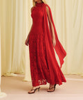 Red Halter Neck Lace Maxi Gown With Flowing Neck Sash