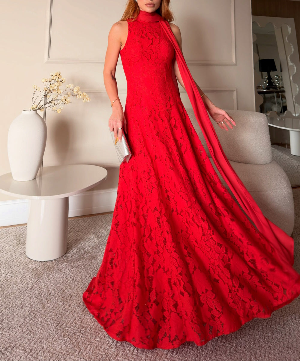 Red Halter Neck Lace Maxi Gown With Flowing Neck Sash