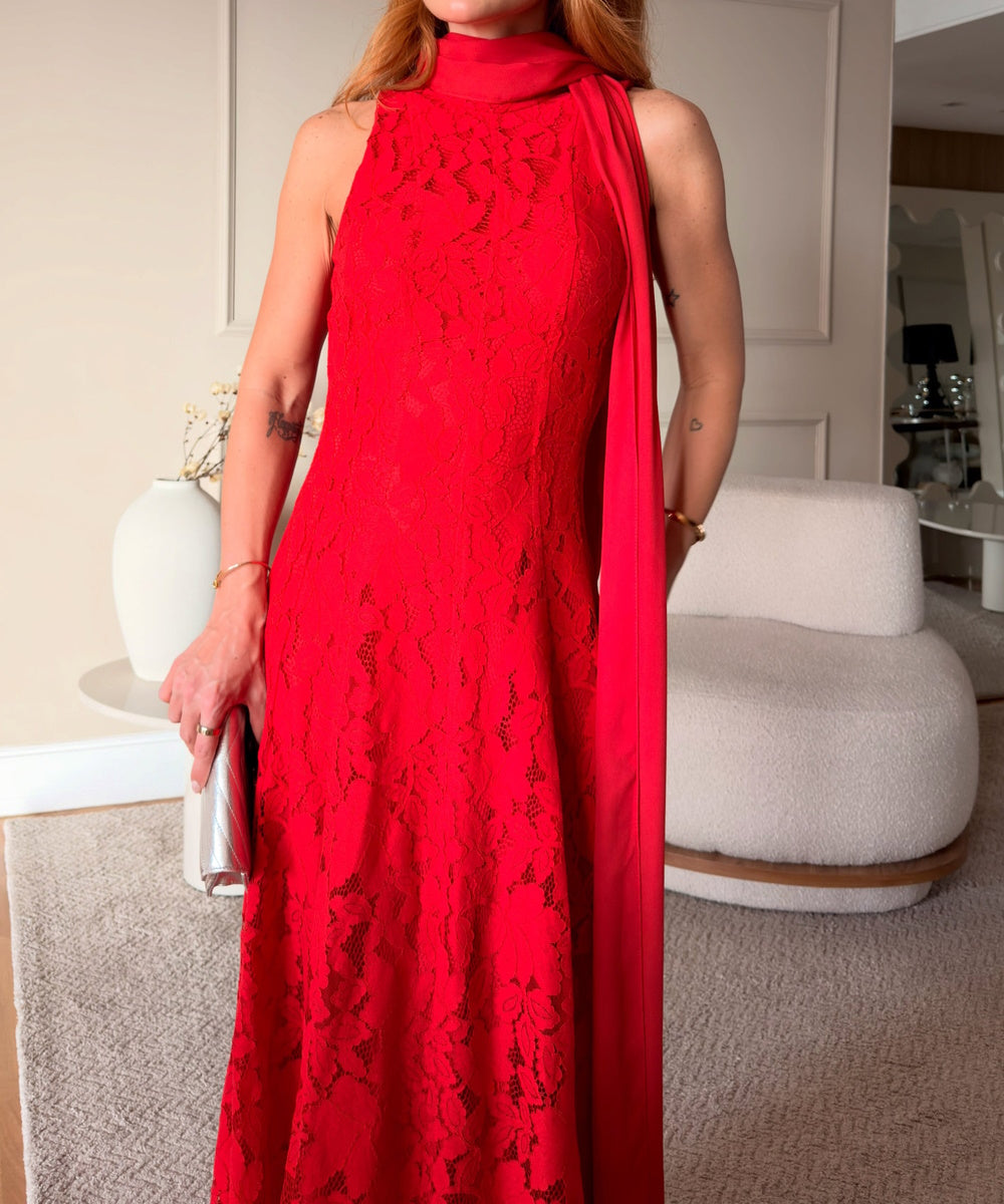 Red Halter Neck Lace Maxi Gown With Flowing Neck Sash