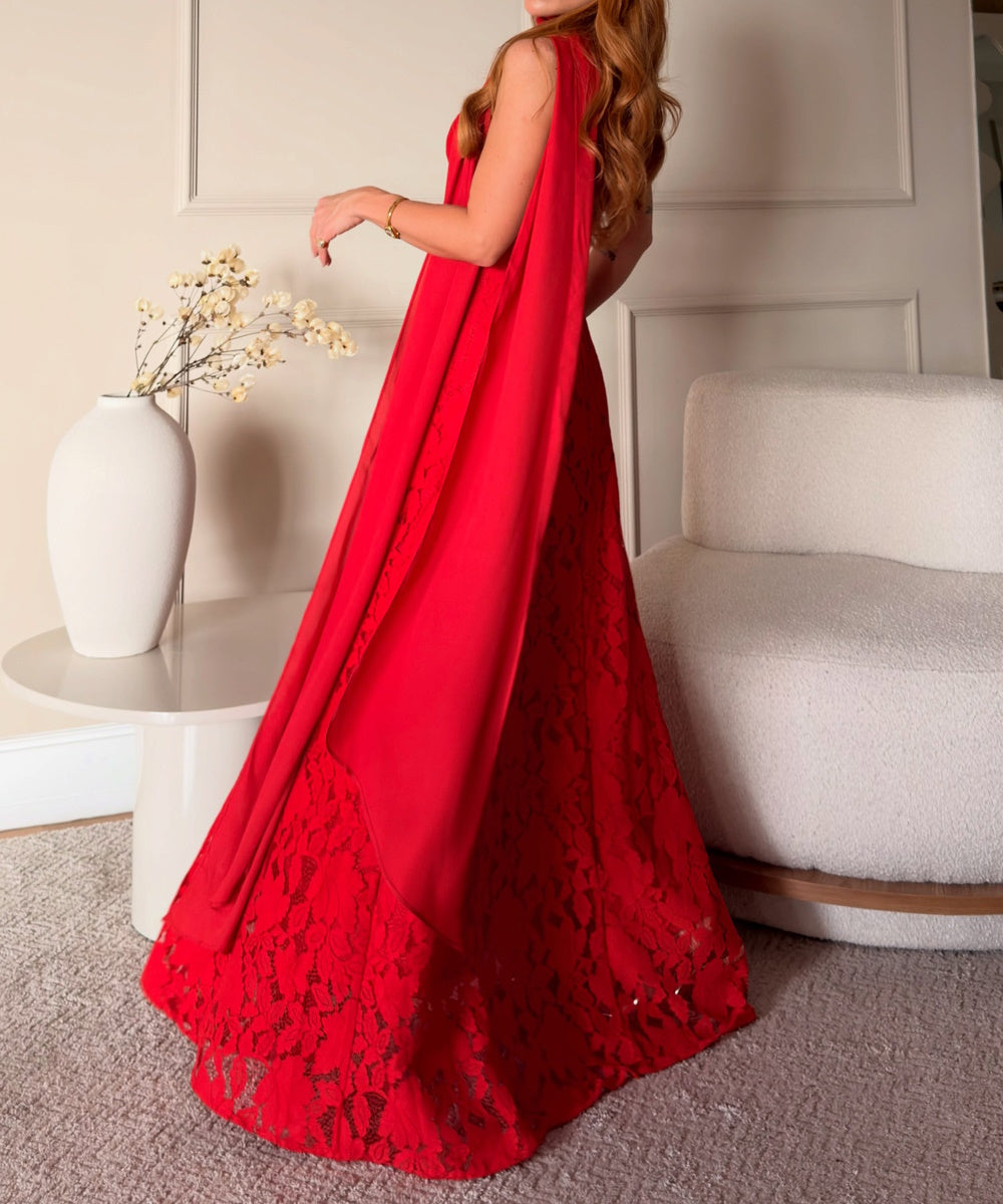 Red Halter Neck Lace Maxi Gown With Flowing Neck Sash