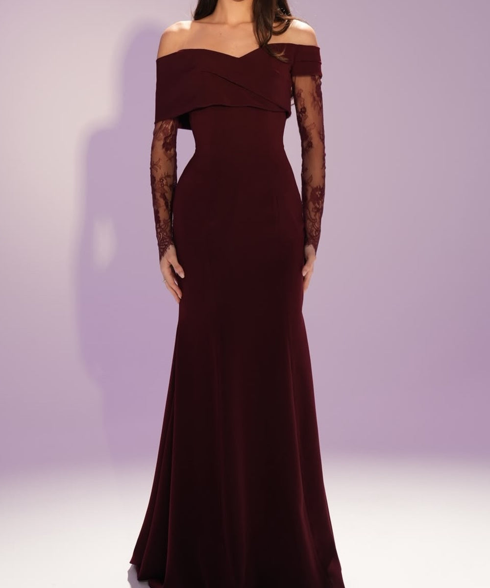 Off Shoulder Burgundy Mermaid Gown With Lace Long Sleeves