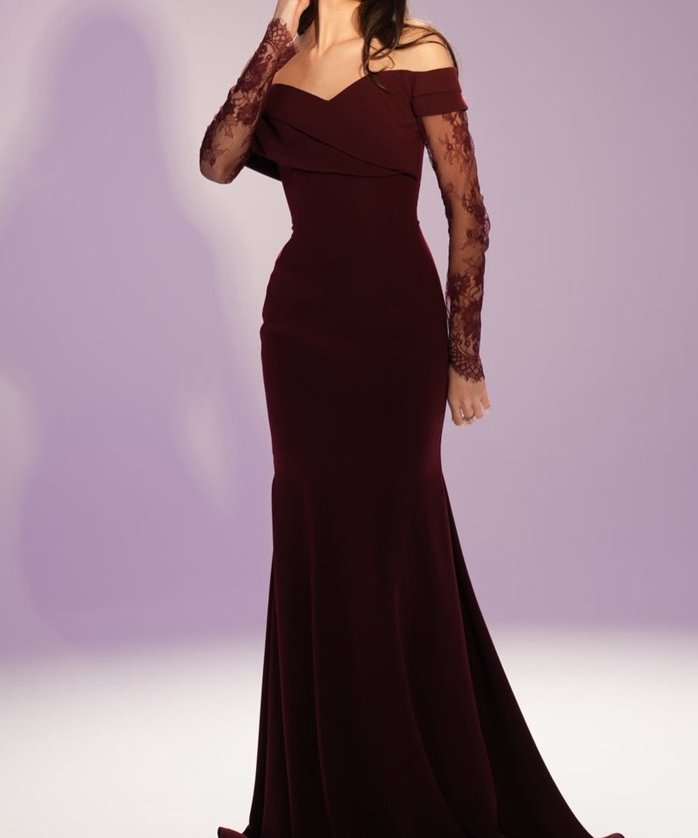 Off Shoulder Burgundy Mermaid Gown With Lace Long Sleeves