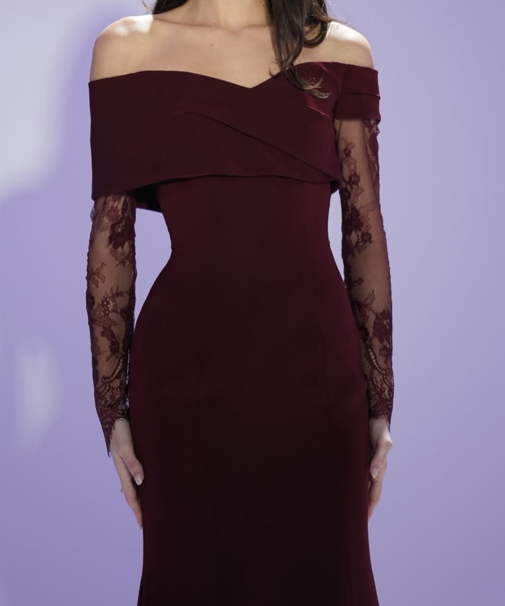 Off Shoulder Burgundy Mermaid Gown With Lace Long Sleeves