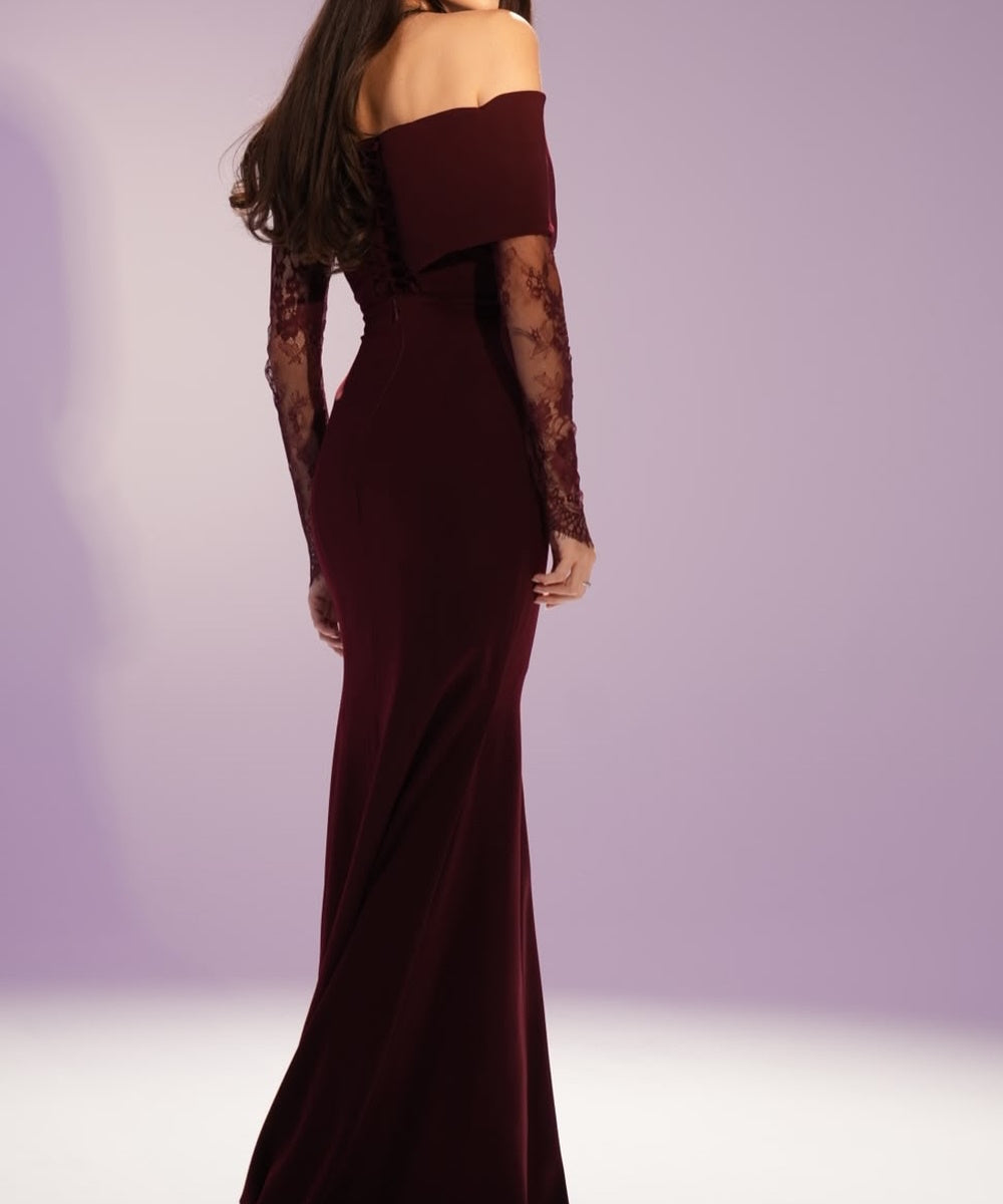 Off Shoulder Burgundy Mermaid Gown With Lace Long Sleeves