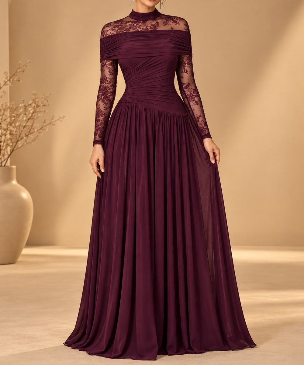 High Neck Lace Long Sleeve Chiffon A-Line Formal Gown