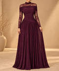 High Neck Lace Long Sleeve Chiffon A-Line Formal Gown