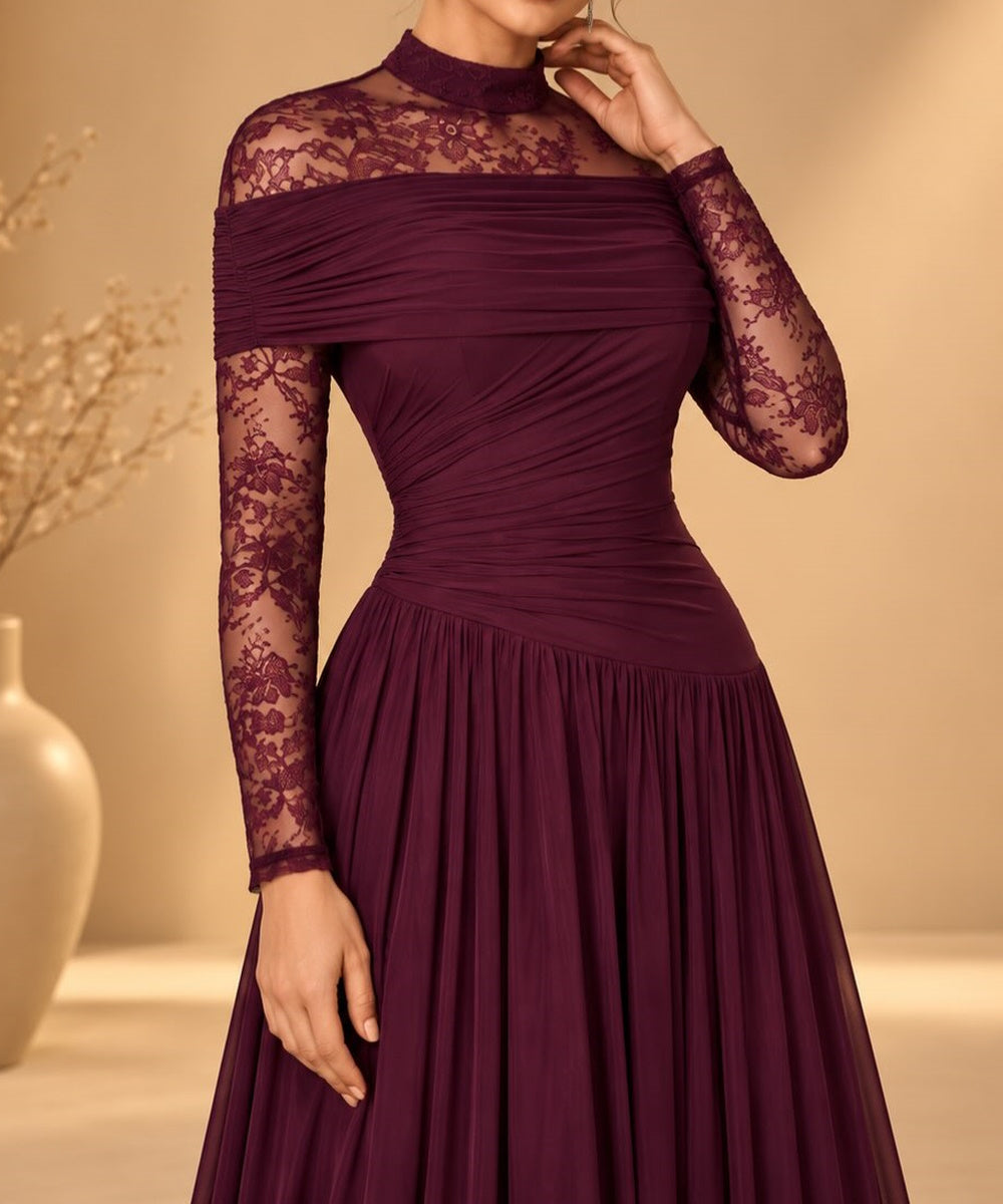 High Neck Lace Long Sleeve Chiffon A-Line Formal Gown