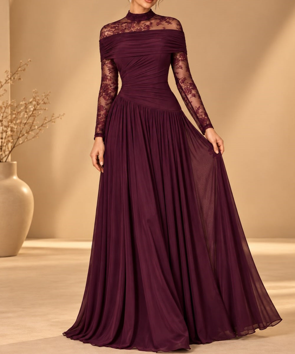 High Neck Lace Long Sleeve Chiffon A-Line Formal Gown