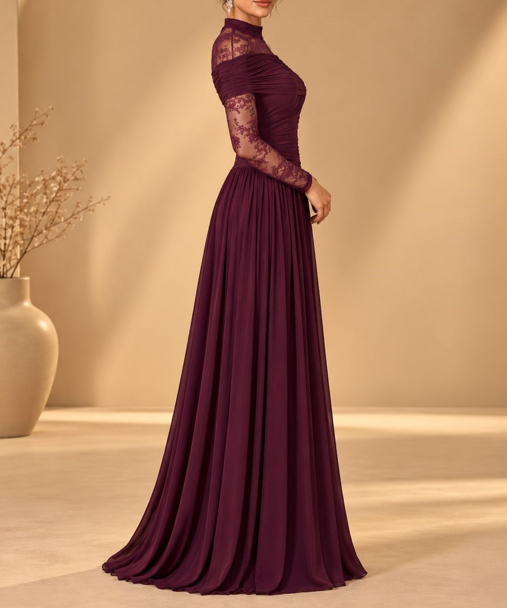 High Neck Lace Long Sleeve Chiffon A-Line Formal Gown
