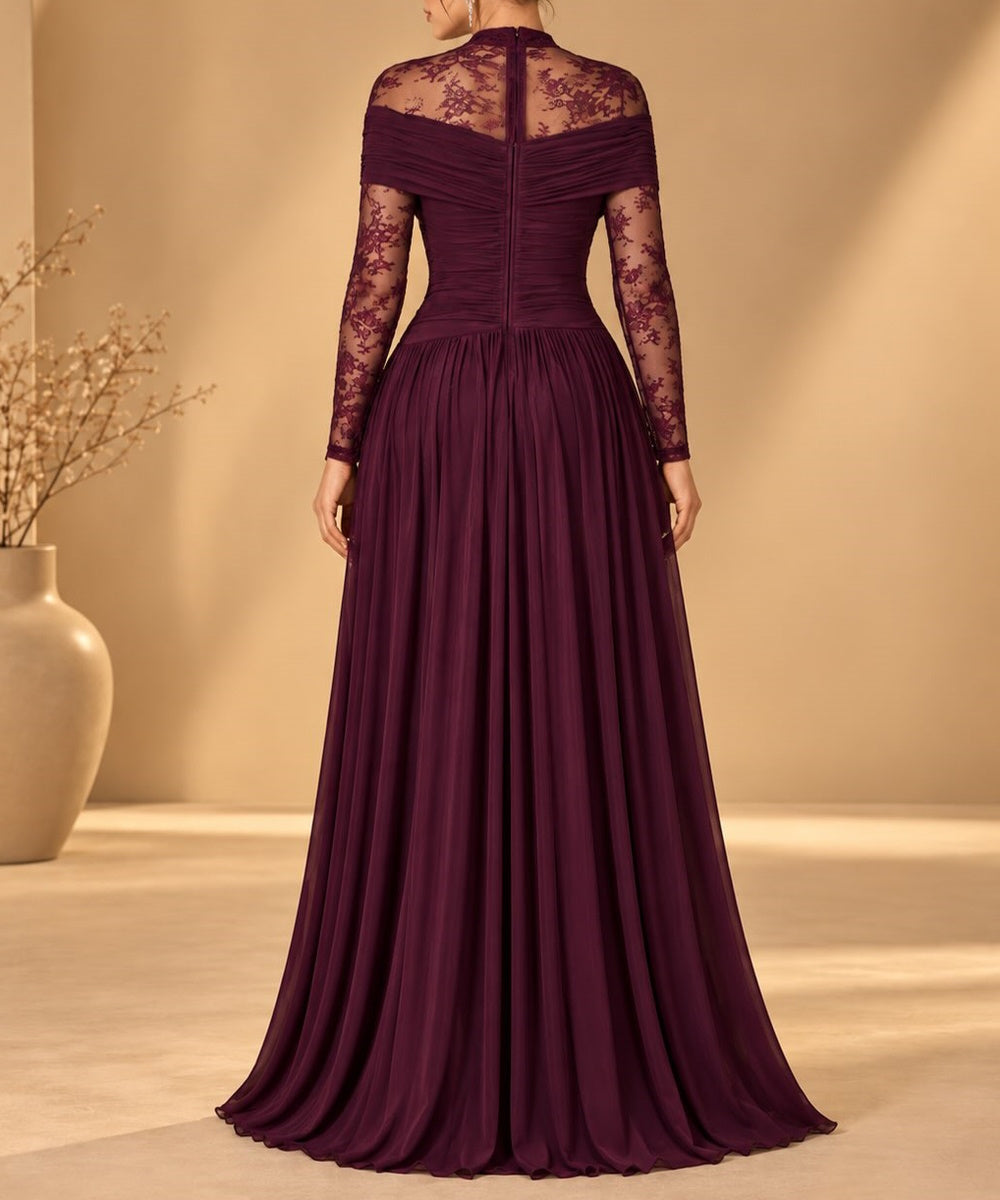High Neck Lace Long Sleeve Chiffon A-Line Formal Gown
