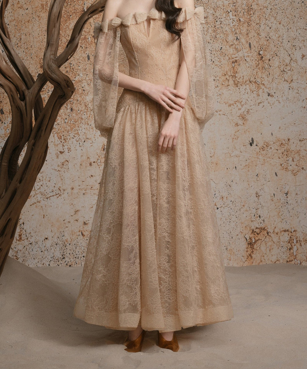 Champagne Off‑the‑Shoulder Bow Lace Maxi Evening Gown