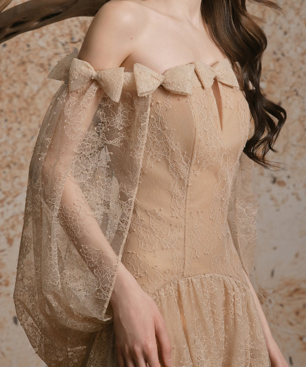 Champagne Off‑the‑Shoulder Bow Lace Maxi Evening Gown