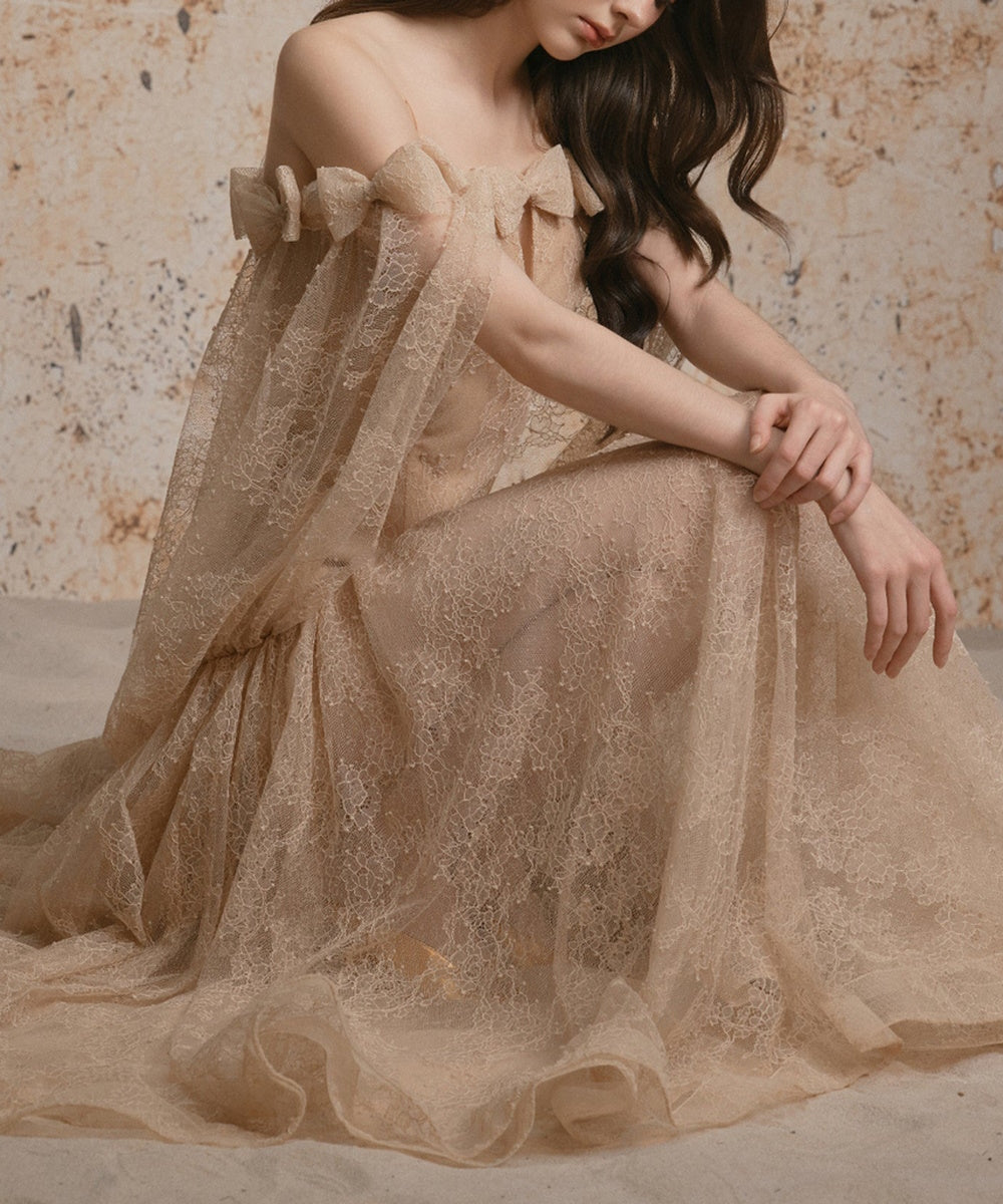 Champagne Off‑the‑Shoulder Bow Lace Maxi Evening Gown