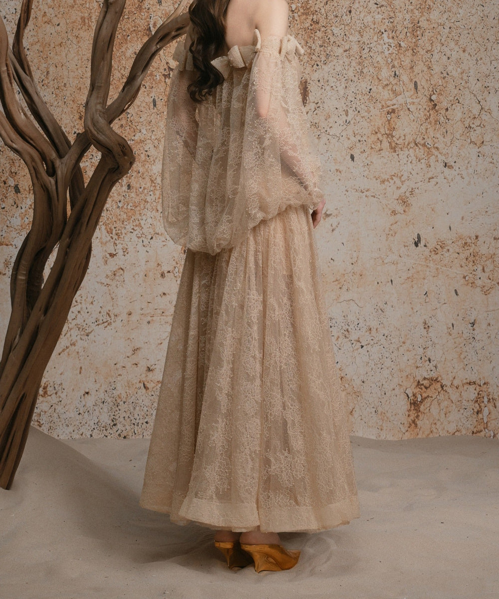 Champagne Off‑the‑Shoulder Bow Lace Maxi Evening Gown
