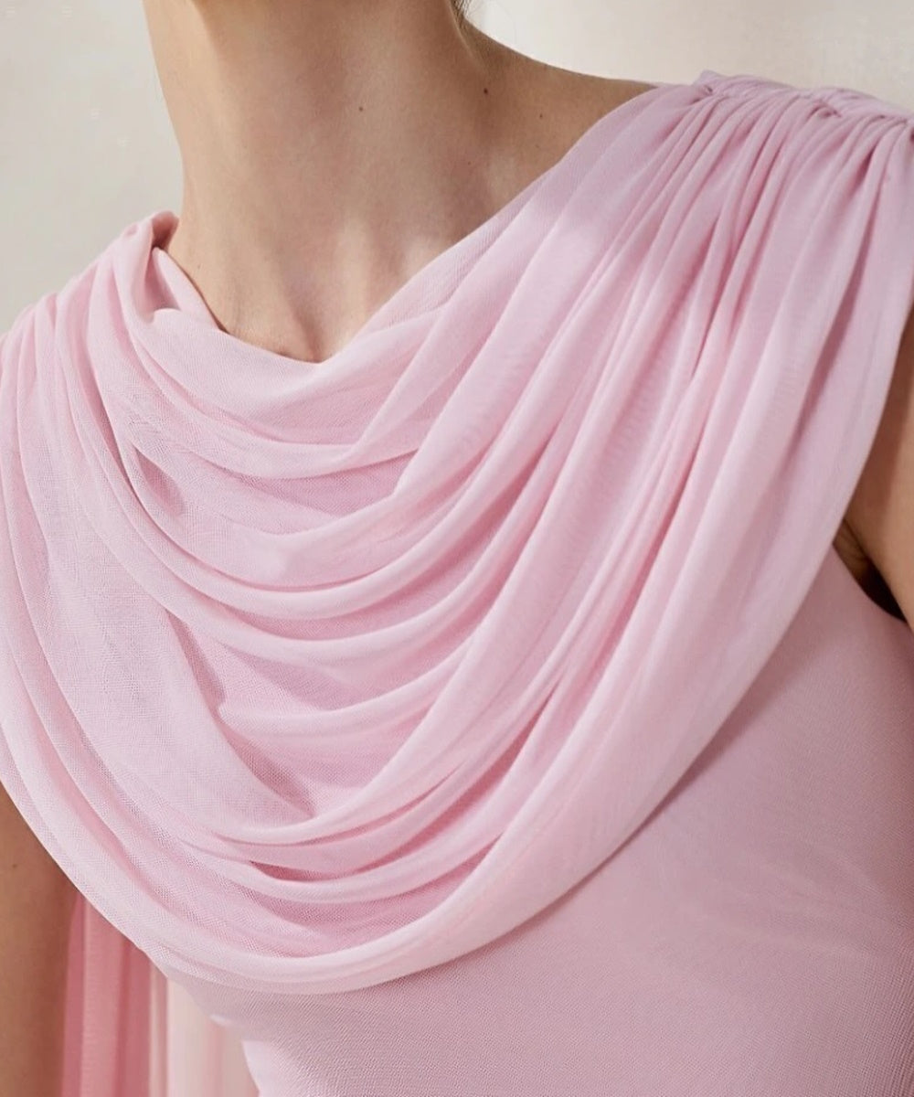 Draped Cowl Neck Pink Mesh Mermaid Evening Gown With Cape Sleeves