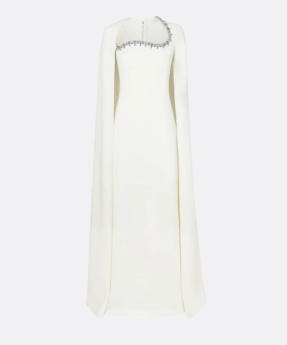 Ivory Gem Embellished Square Neck Cape Sleeve Column Evening Gown