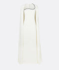 Ivory Gem Embellished Square Neck Cape Sleeve Column Evening Gown