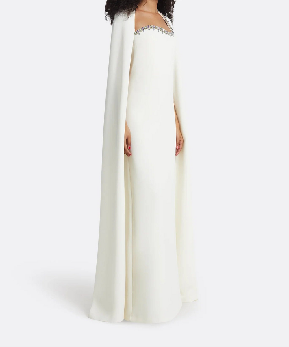 Ivory Gem Embellished Square Neck Cape Sleeve Column Evening Gown