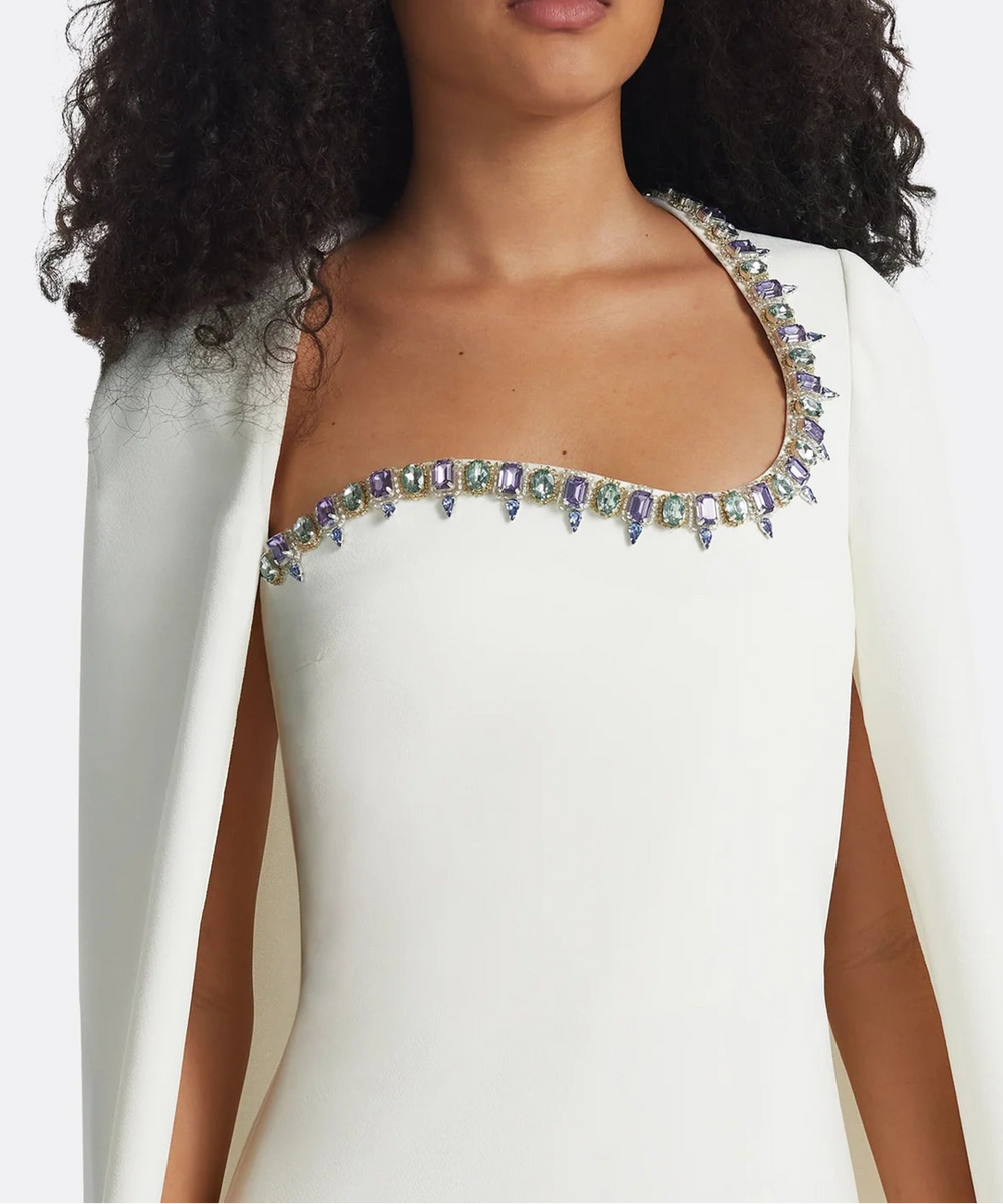 Ivory Gem Embellished Square Neck Cape Sleeve Column Evening Gown
