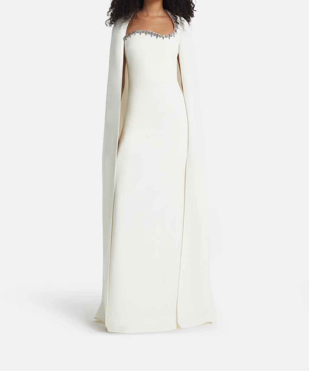 Ivory Gem Embellished Square Neck Cape Sleeve Column Evening Gown