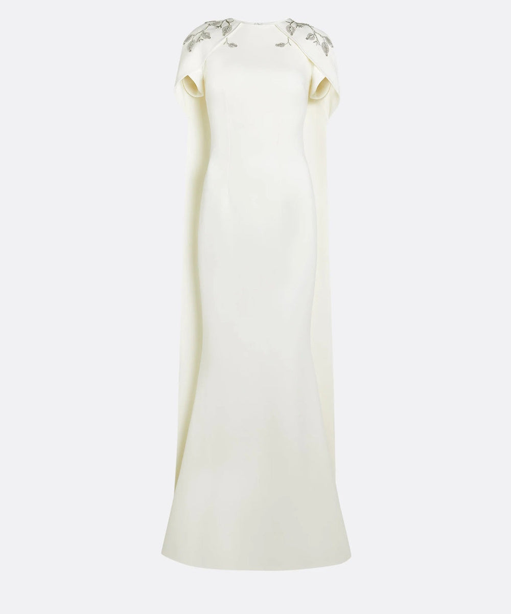 Ivory Beaded Leaf Cape Mermaid Crepe Evening Gown