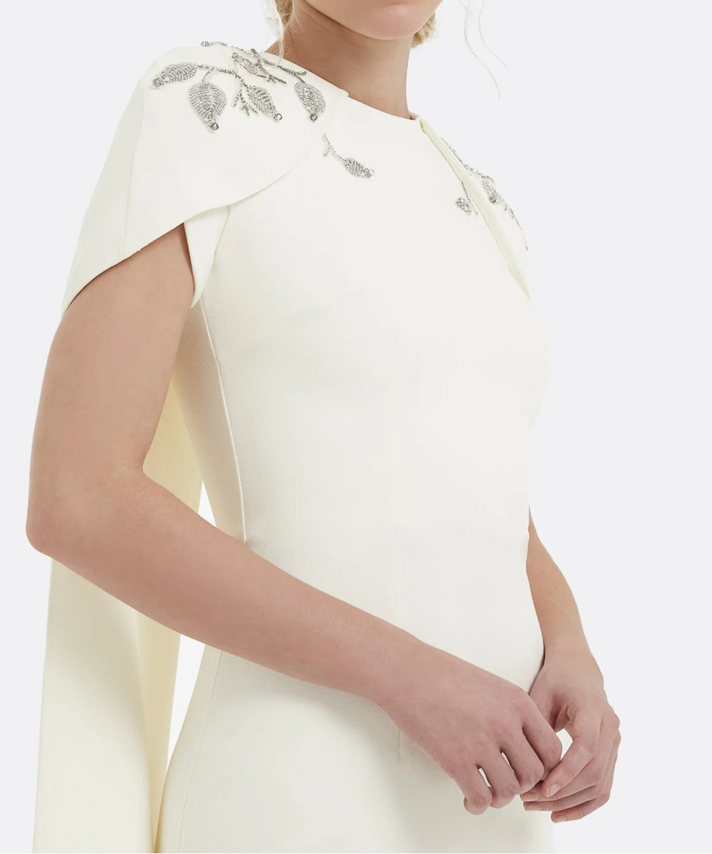 Ivory Beaded Leaf Cape Mermaid Crepe Evening Gown