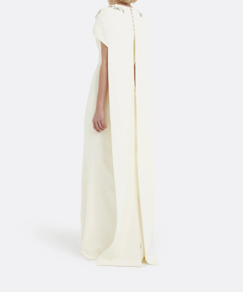 Ivory Beaded Leaf Cape Mermaid Crepe Evening Gown