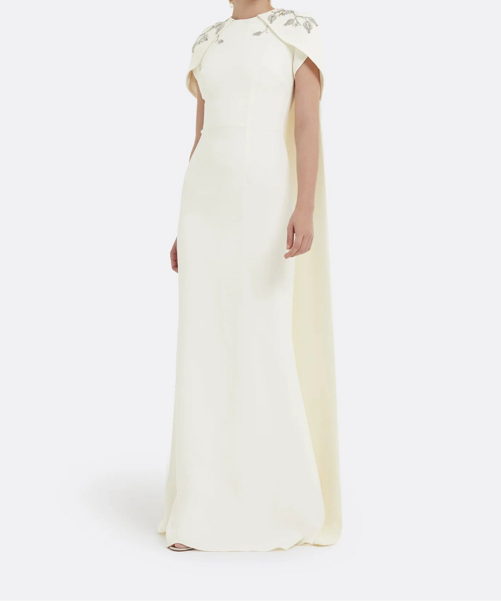 Ivory Beaded Leaf Cape Mermaid Crepe Evening Gown